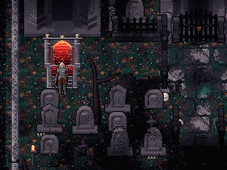 The churchyard: the burst grave's red door among the headstones.
